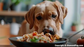 Picture of an Adorable Labrador Snacking on Pasta