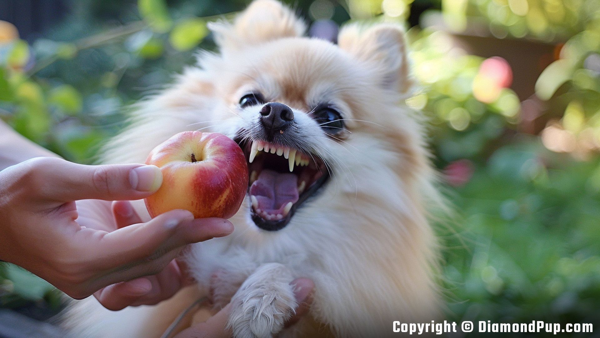 Picture of an Adorable Pomeranian Eating Peaches