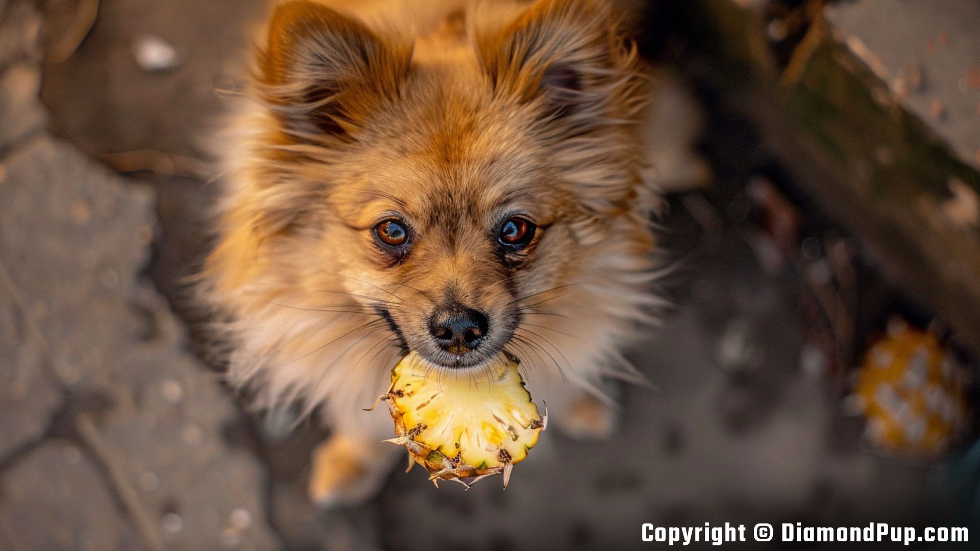 Picture of an Adorable Pomeranian Snacking on Pineapple