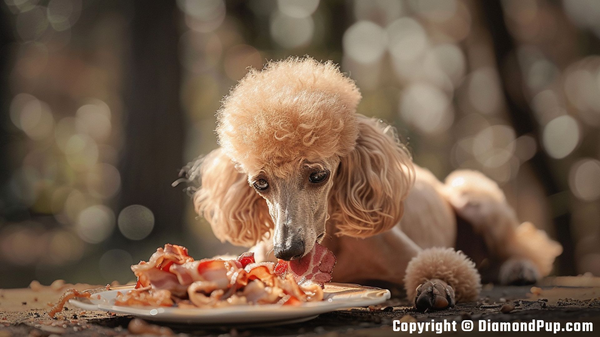 Picture of an Adorable Poodle Eating Bacon