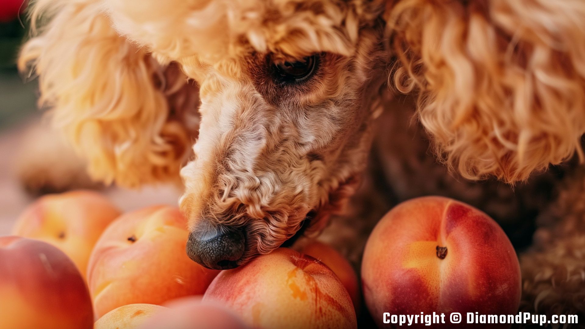 Picture of an Adorable Poodle Eating Peaches