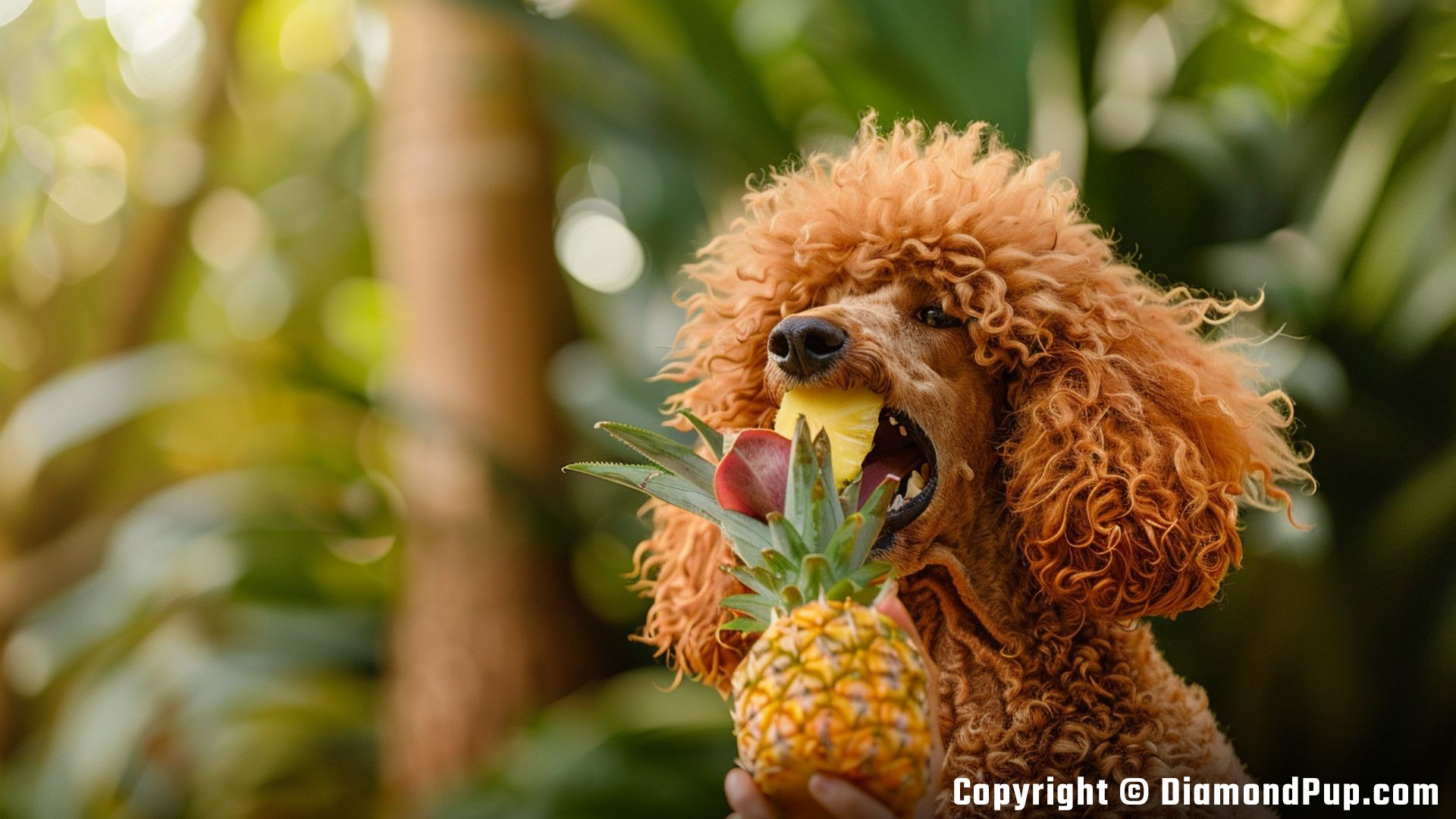 Picture of an Adorable Poodle Snacking on Pineapple