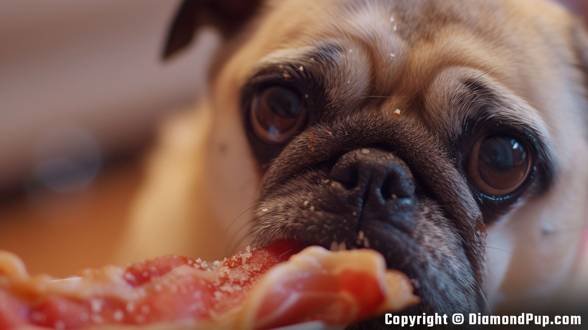 Picture of an Adorable Pug Eating Bacon