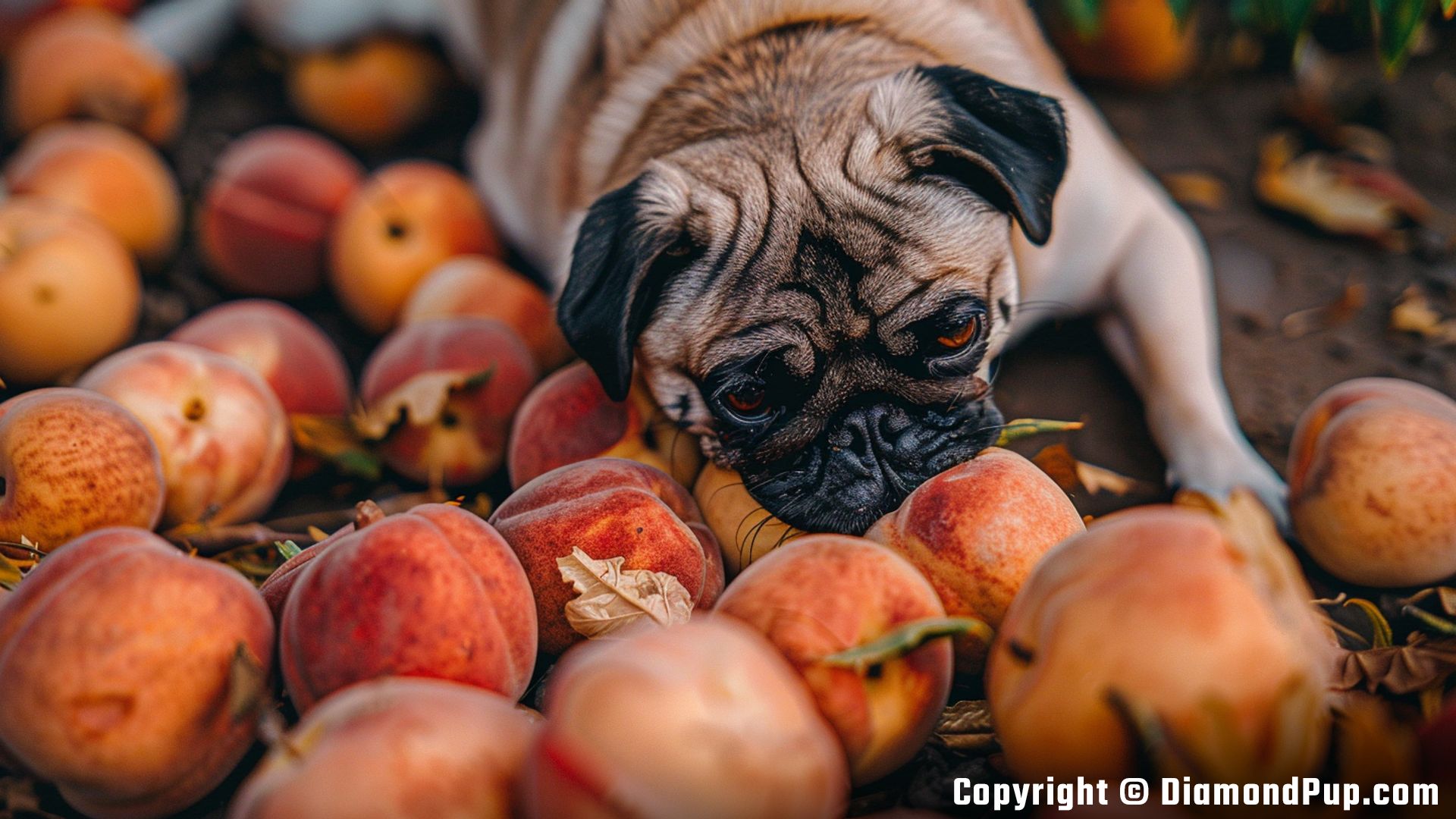 Picture of an Adorable Pug Snacking on Peaches
