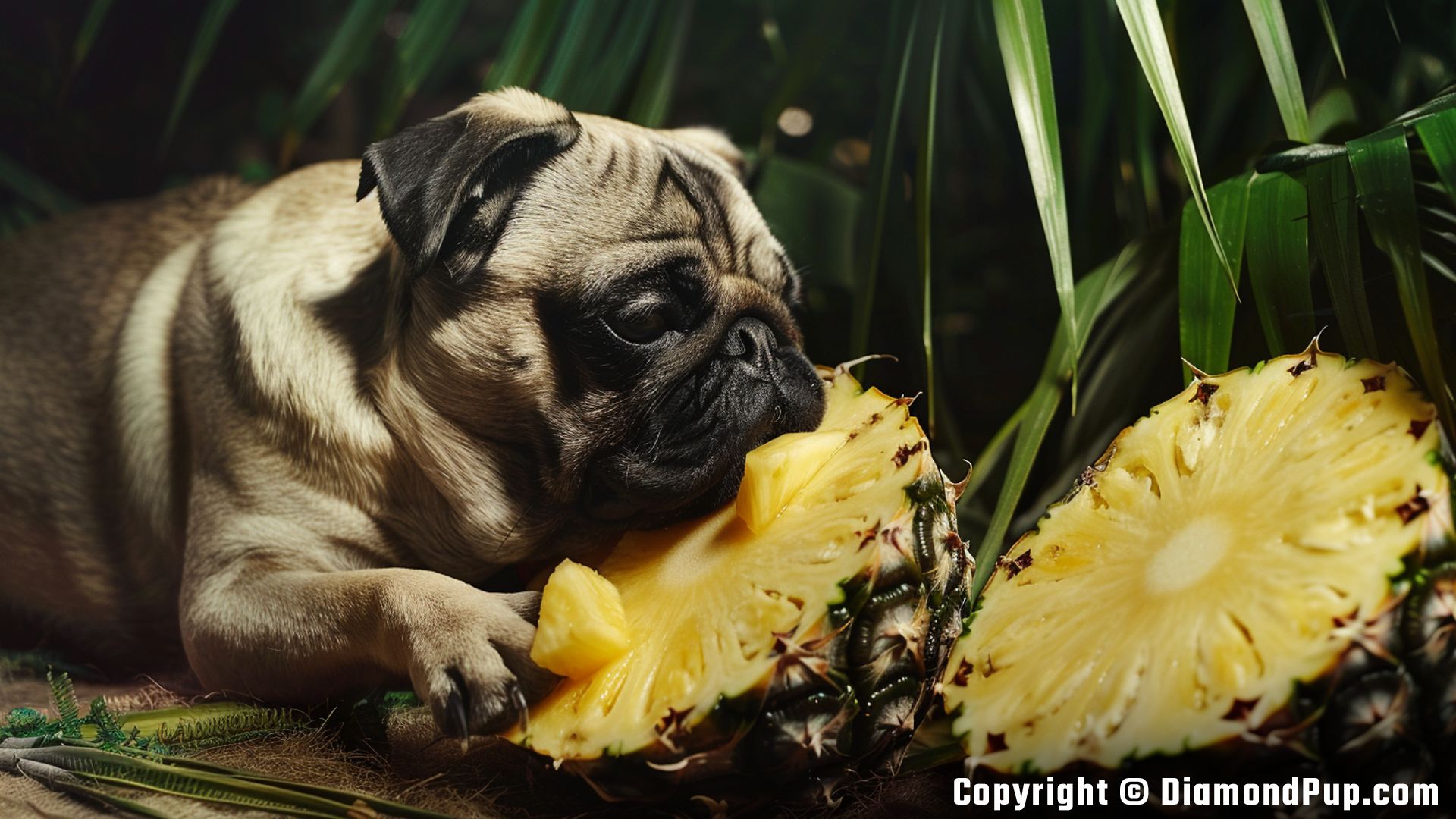 Picture of an Adorable Pug Snacking on Pineapple