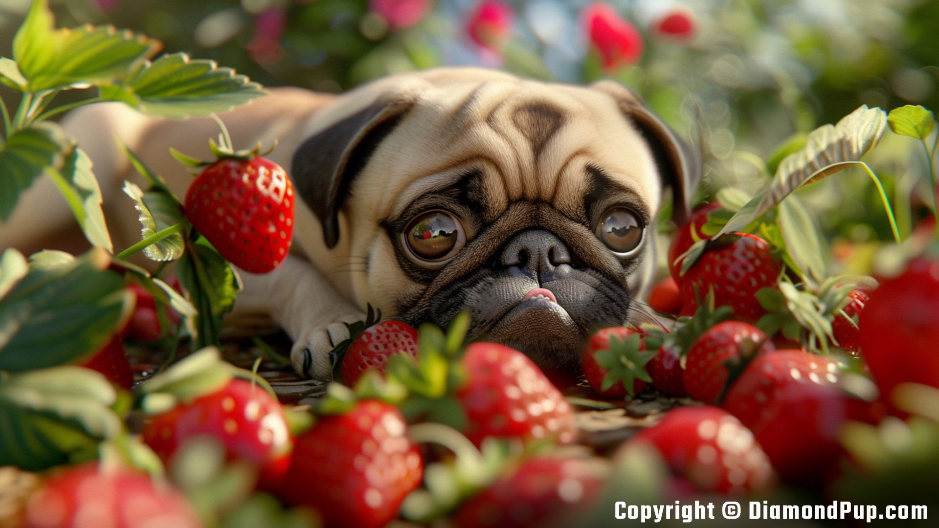 Picture of an Adorable Pug Snacking on Strawberries