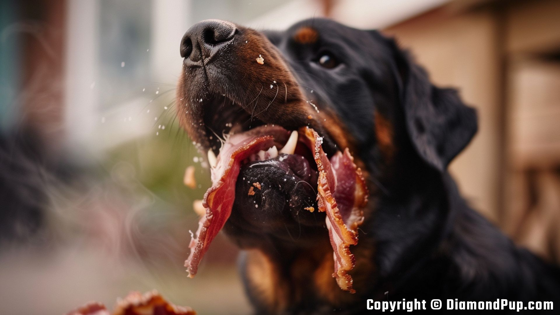 Picture of an Adorable Rottweiler Eating Bacon