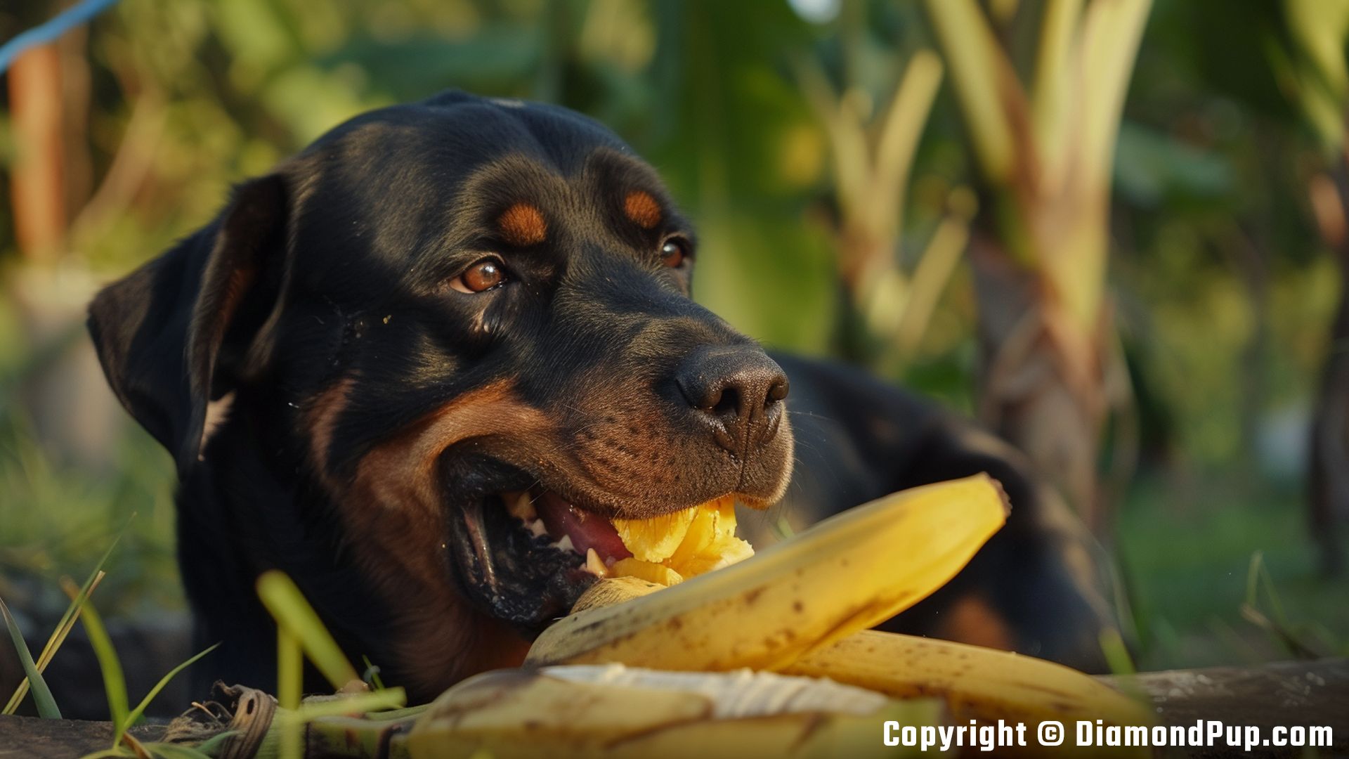 Picture of an Adorable Rottweiler Eating Banana