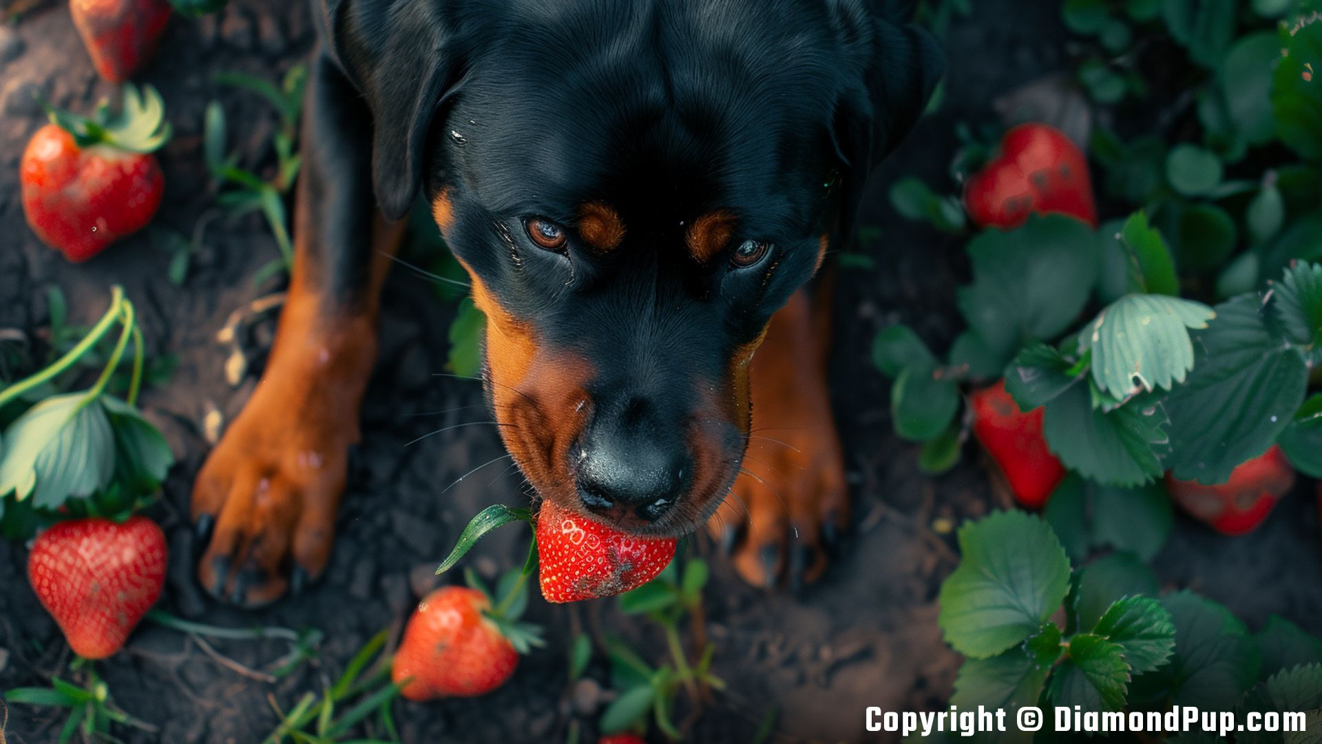 Picture of an Adorable Rottweiler Eating Strawberries
