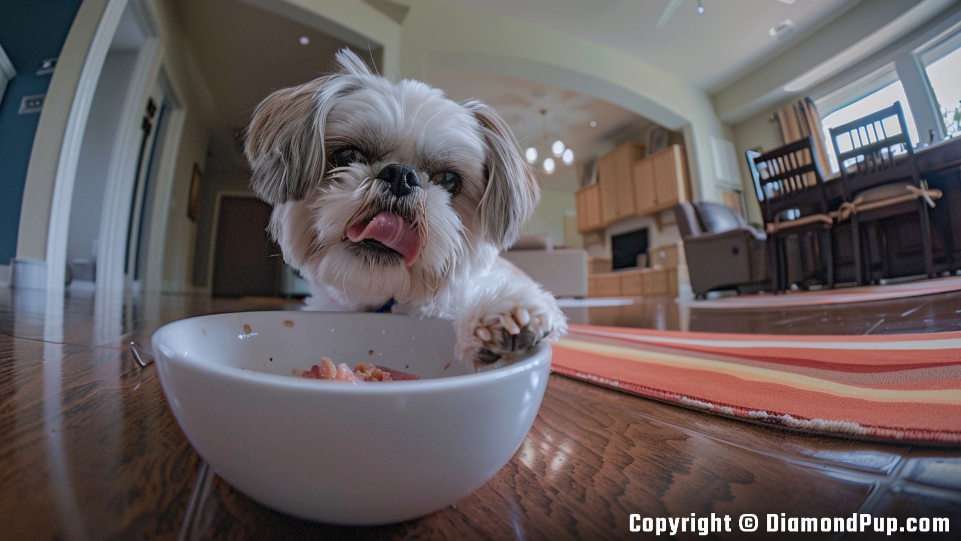 Picture of an Adorable Shih Tzu Eating Bacon