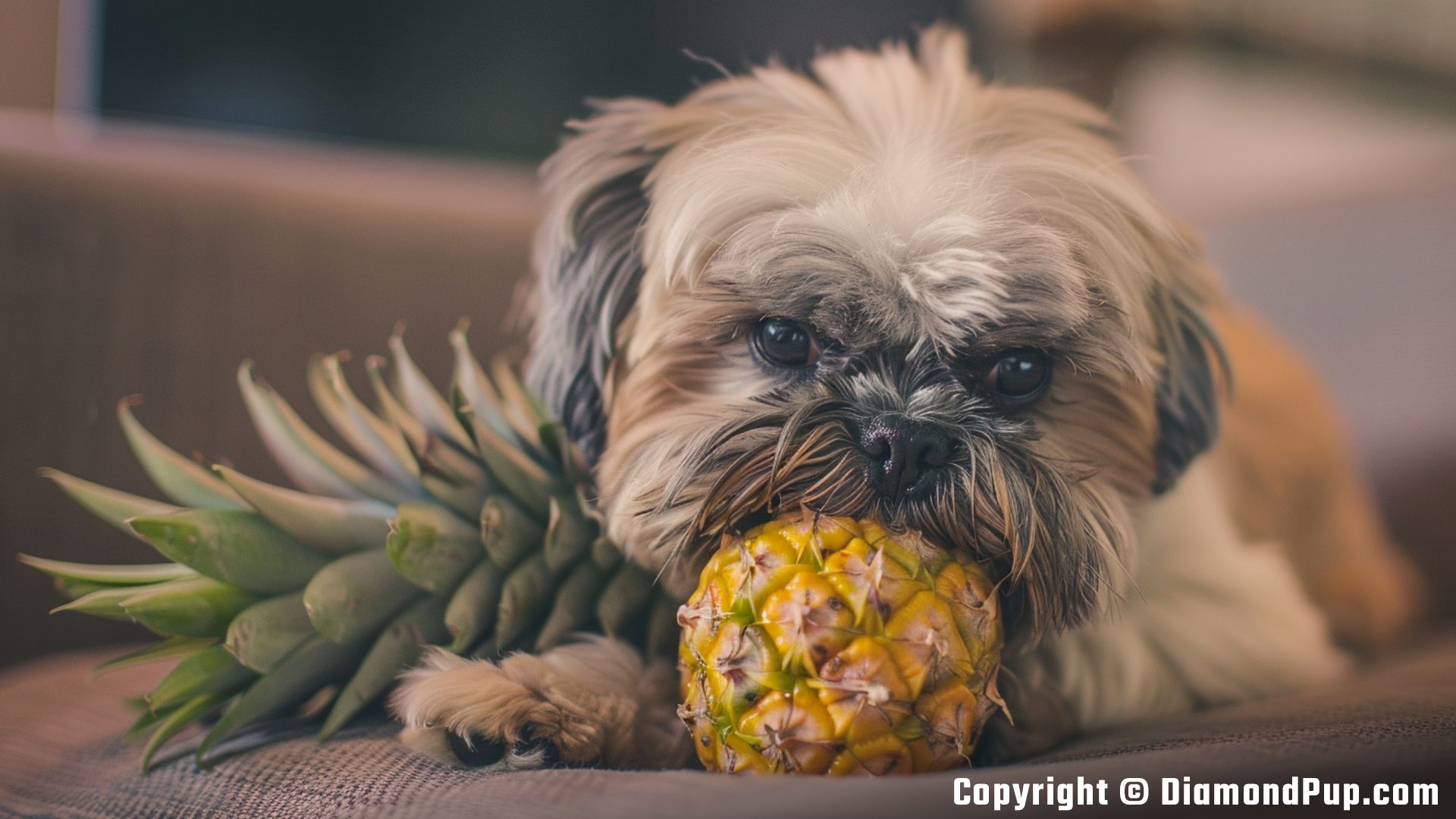 Picture of an Adorable Shih Tzu Eating Pineapple