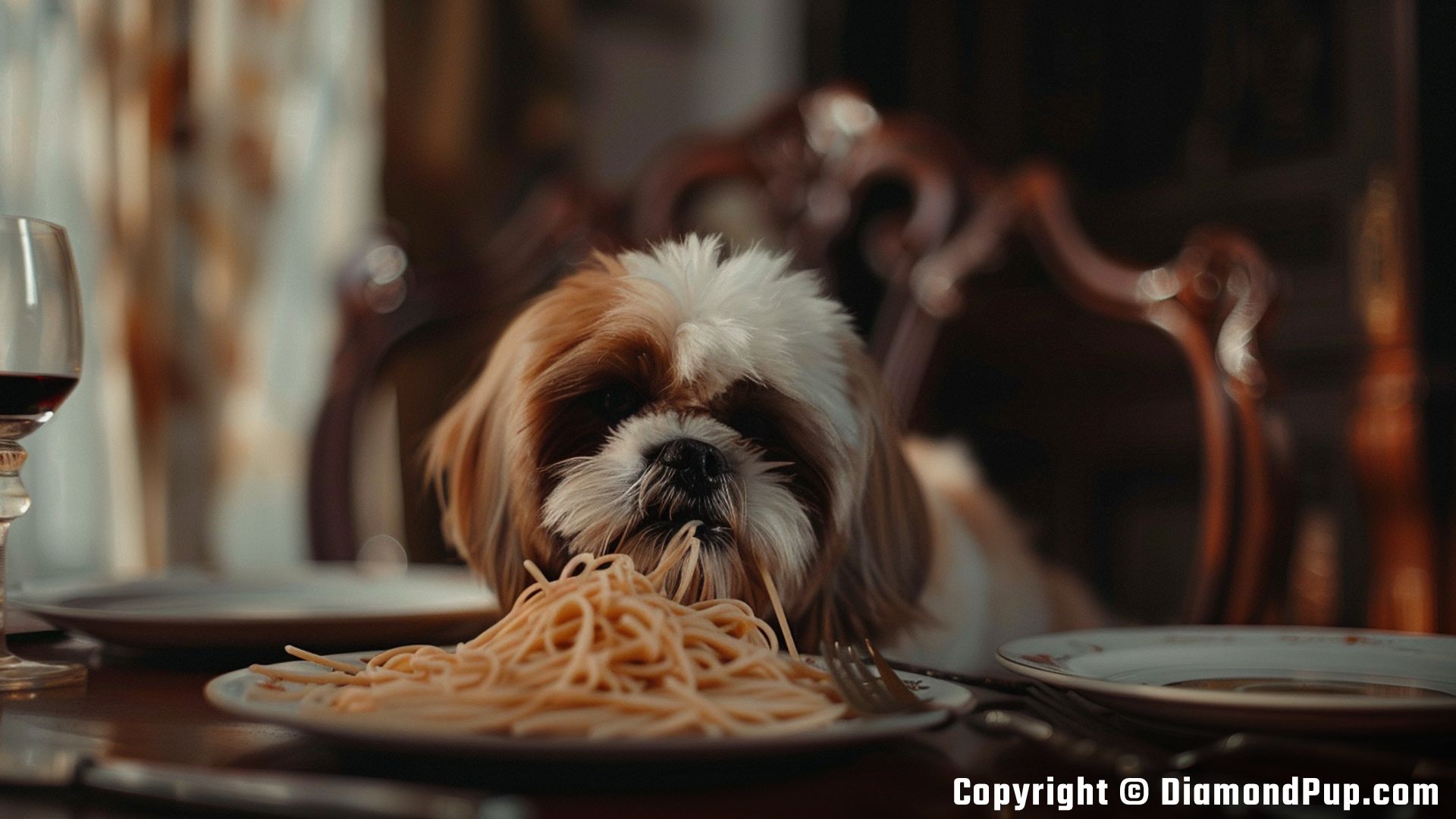 Picture of an Adorable Shih Tzu Snacking on Pasta