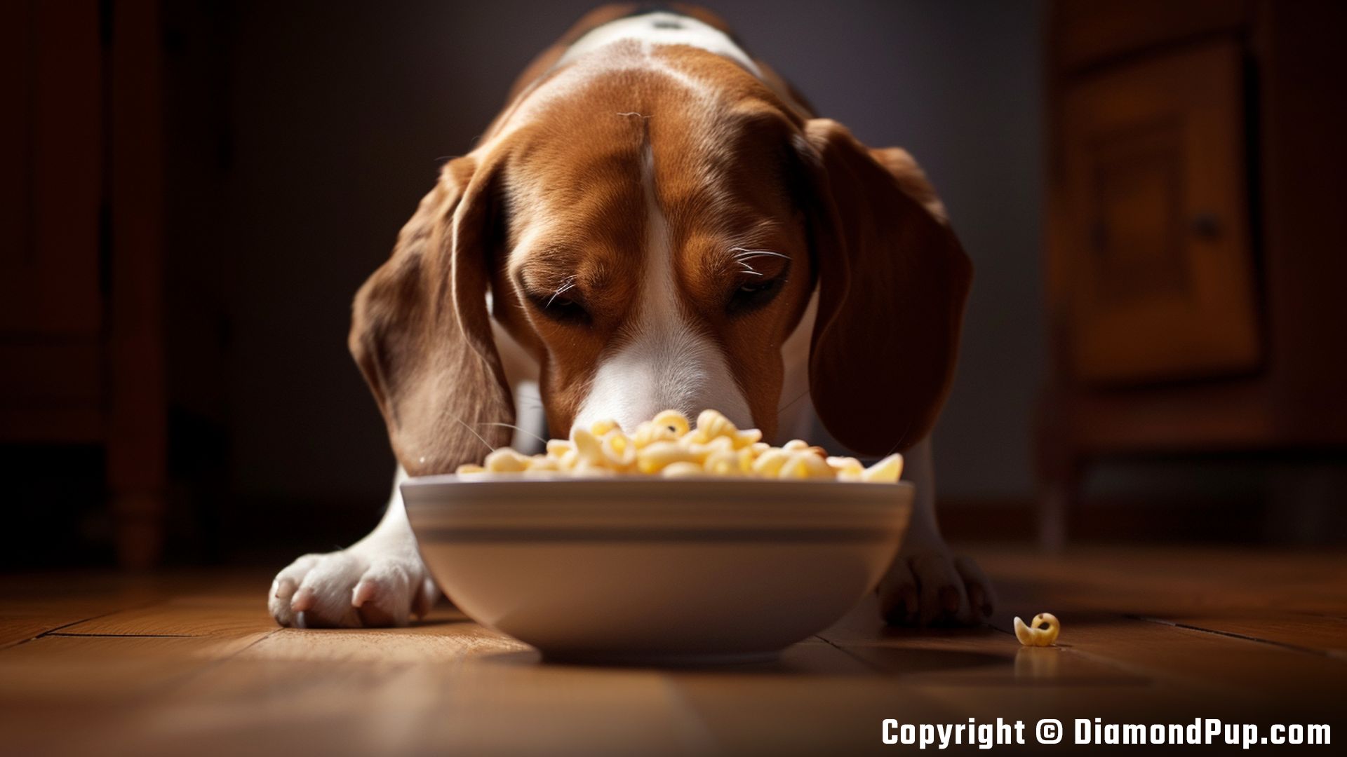 Picture of Beagle Eating Pasta