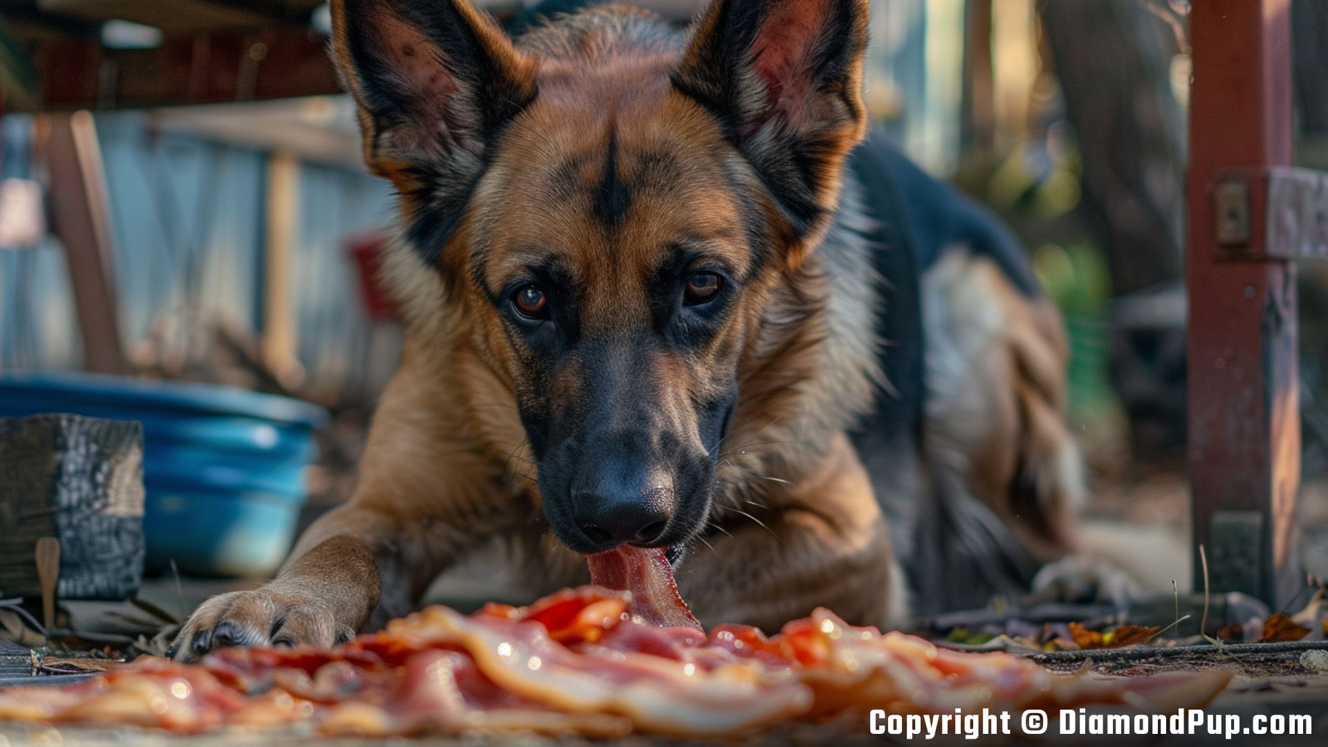 Picture of German Shepherd Snacking on Bacon