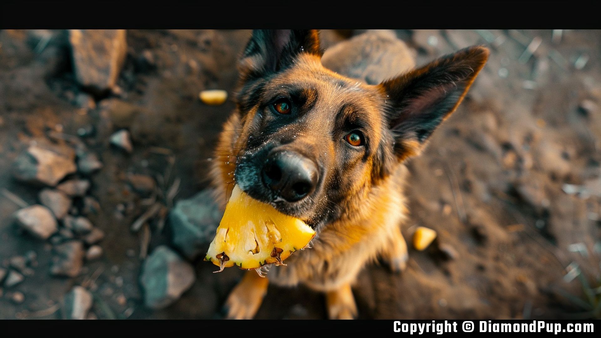 Picture of German Shepherd Snacking on Pineapple