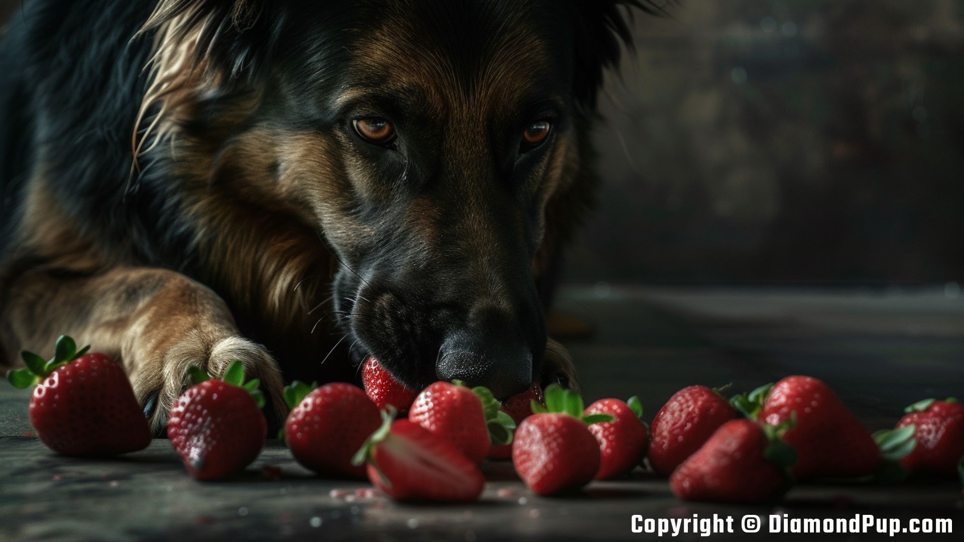 Picture of German Shepherd Snacking on Strawberries