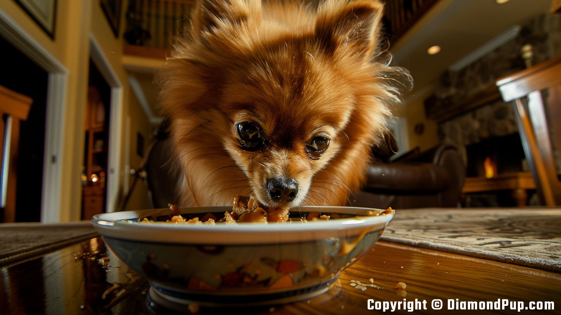 Picture of Pomeranian Eating Chicken