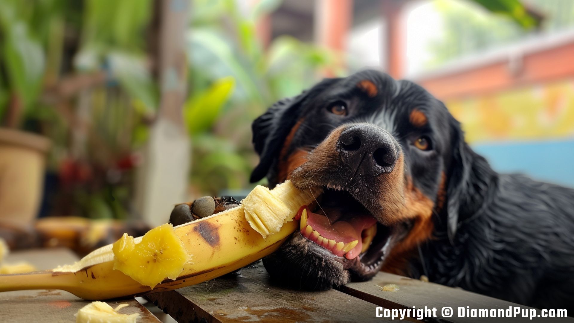 Picture of Rottweiler Snacking on Banana