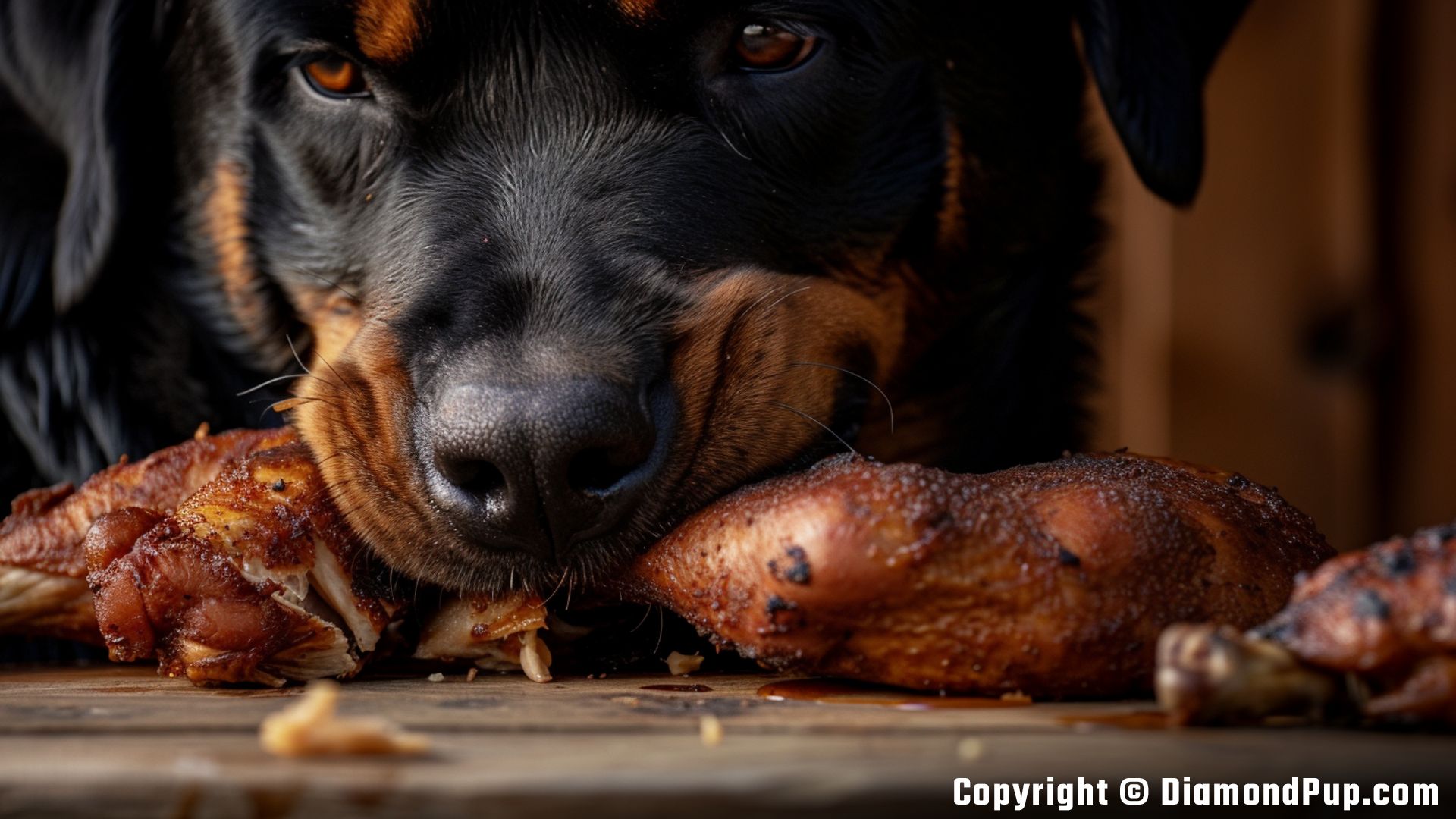 Picture of Rottweiler Snacking on Chicken
