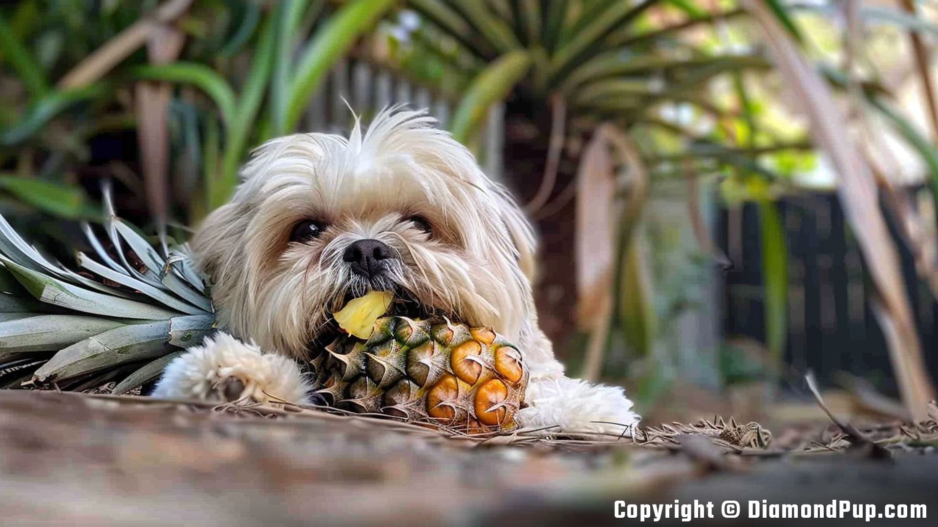Picture of Shih Tzu Eating Pineapple