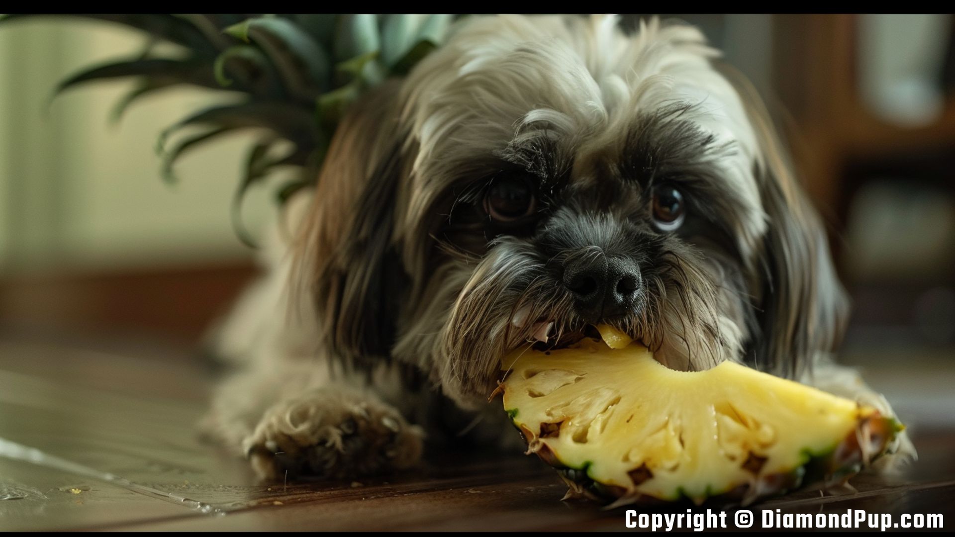 Picture of Shih Tzu Snacking on Pineapple